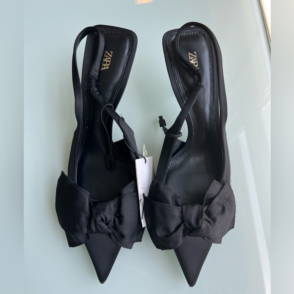 SOLD OUT !! NWT Zara Black Bow Slingback Heels 7.5 US 38 Euro - Picture 1 of 7